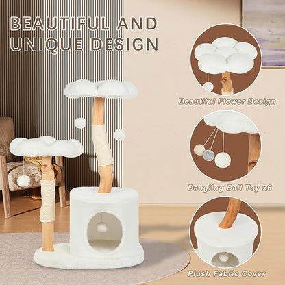 Cute Cat Tree Tower for Indoor Cats Adult, Wood Flower Cat Trees with 6 Pompoms, Modern Cat Tree Tower with Scratching Post, Aesthetic Luxury Cat Condo for Cats Kitten, Alpine White