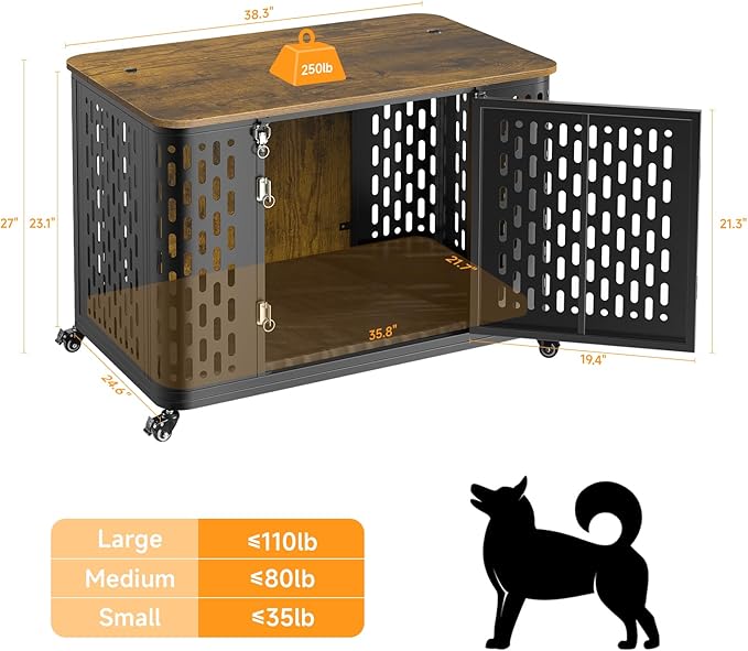 Dog Crate with Cushion, 38" Wood Heavy Duty Dog Crate Furniture with Flip Top &amp; Wheels for High Anxiety Dogs, Escape Proof Pet Cage for Small/Medium Dogs