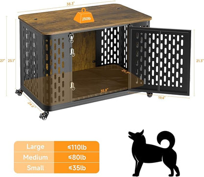 Dog Crate with Cushion, 38" Wood Heavy Duty Dog Crate Furniture with Flip Top &amp; Wheels for High Anxiety Dogs, Escape Proof Pet Cage for Small/Medium Dogs