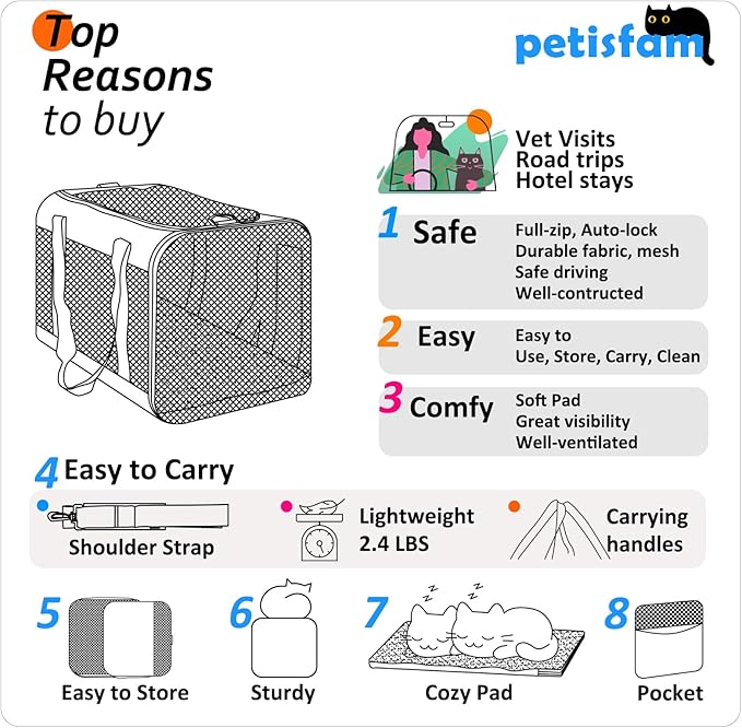 petisfam Soft Pet Carrier for Large and Medium Cats, 2 Kitties, Small Dogs. Easy to Get Cat in, Great for Cats That Don&