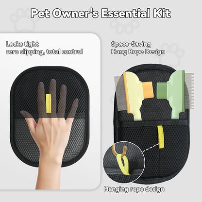 2 Pet Hair Removal Gloves, 2 Flea Combs for Cats and Dog，Reusable Electrostatic Gloves and Long &amp; Short Flea Combs, 4 PCS pet hair removal tools