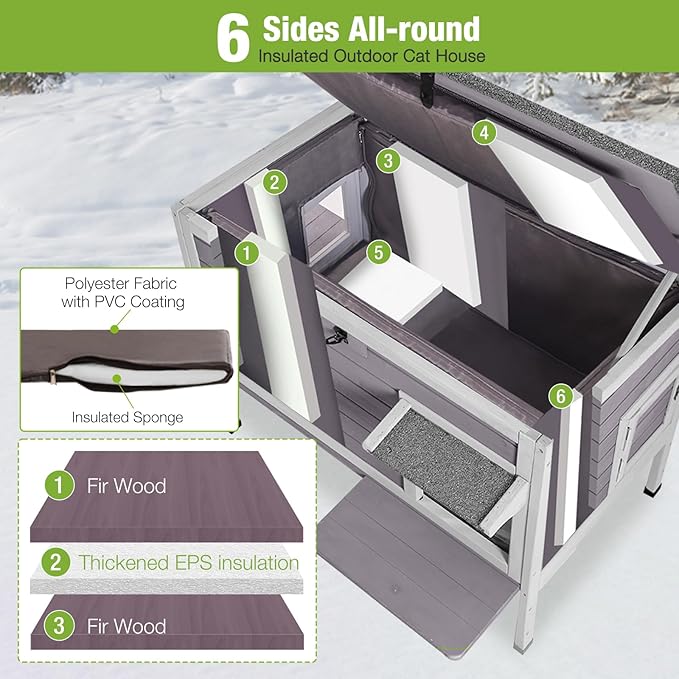 GUTINNEEN Insulated Outdoor Cat House with Triple-Layer Design - Weatherproof Cat Shelter with All-Round Insulated Foam Liner, Elevated Base &amp; Escape Doors for Feral/Stray Cats (Winter-Ready)
