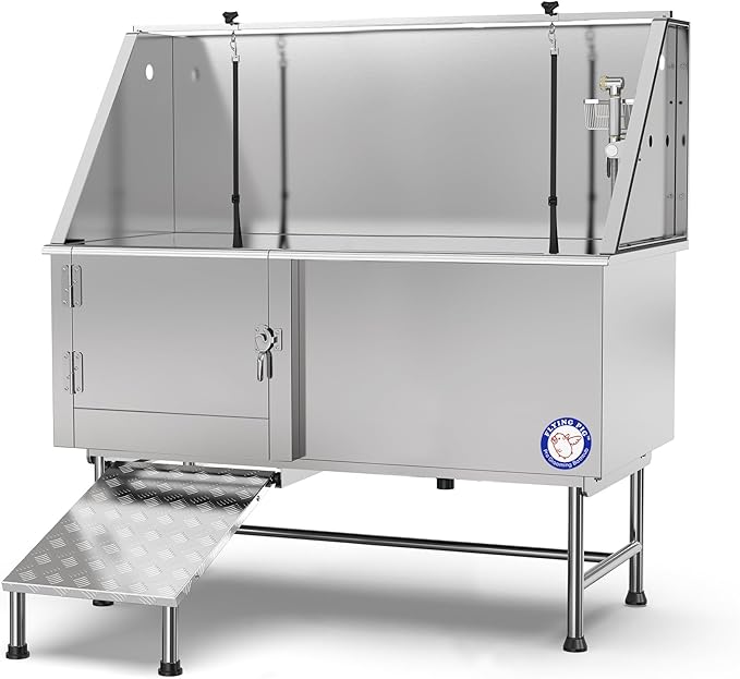 Flying Pig 62" Stainless Steel Pet Dog Grooming Bath Tub with Walk-in Ramp &amp; Accessories (Left Door/Right Drain)