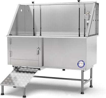 Flying Pig 62" Stainless Steel Pet Dog Grooming Bath Tub with Walk-in Ramp &amp; Accessories (Left Door/Right Drain)