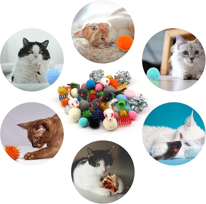 60 Pack Cat Toys - Assorted Kitten, Mouse, Crinkle &amp; Pom Pom Balls