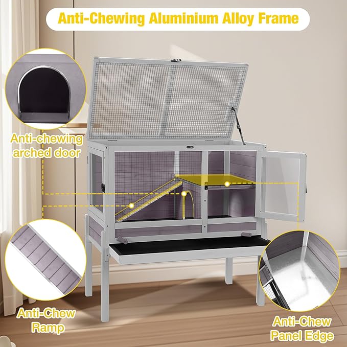 Aivituvin 2-Story Rabbit Hutch with Anti-Chew Ramp &amp; Zinc Sheet - 36.6" Indoor Guinea Pig Cage, Wooden Stand, Pull-Out Tray &amp; Leakproof Floor (Grey)