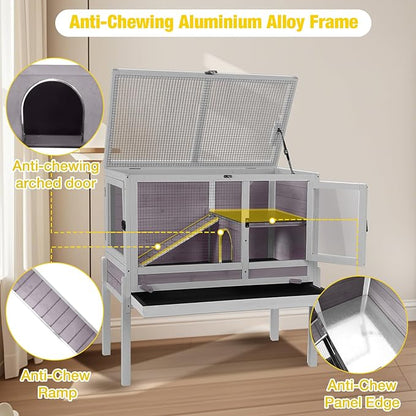 Aivituvin 2-Story Rabbit Hutch with Anti-Chew Ramp &amp; Zinc Sheet - 36.6" Indoor Guinea Pig Cage, Wooden Stand, Pull-Out Tray &amp; Leakproof Floor (Grey)