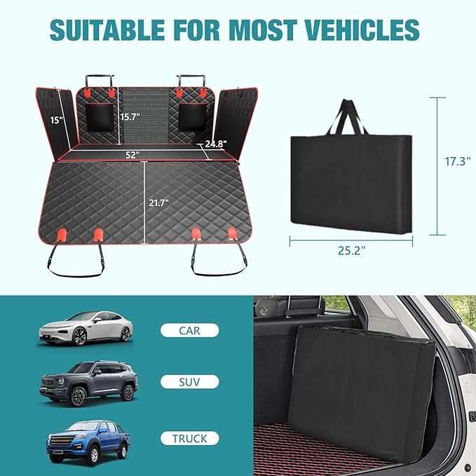 Waterproof Dog Car Seat Cover for Back Seat – Heavy Duty Back Seat Extender for Dogs with Hard Bottom, 7-Layer Protection, Non-Slip &amp; Scratchproof, Easy to Install (Red)