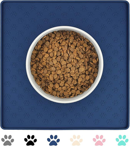 Ptlom Pet Placemat for Dog and Cat, Waterproof Non-Slip Silicone Feeding Bowl Mat Prevent Food and Water Overflow, Puppy Dish Feeder Fountain Trays Suitable for Medium and Small Pets, Navy Blue