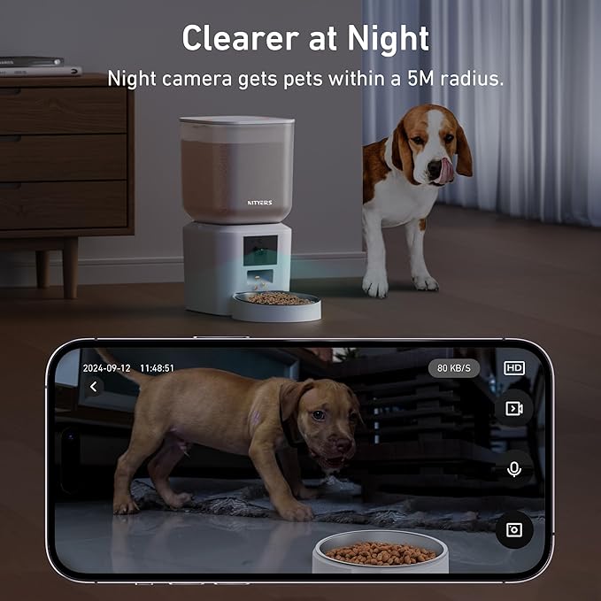 Automatic Dog &amp; Cat Feeder with Camera &amp; WiFi – 8L/34 Cups, 1080P Night Vision, 2.4 &amp; 5G WiFi, 2-Way Talk, 10s Voice Recording, Timed Food Dispenser, Up to 99 Portions, 15 Meals Per Day