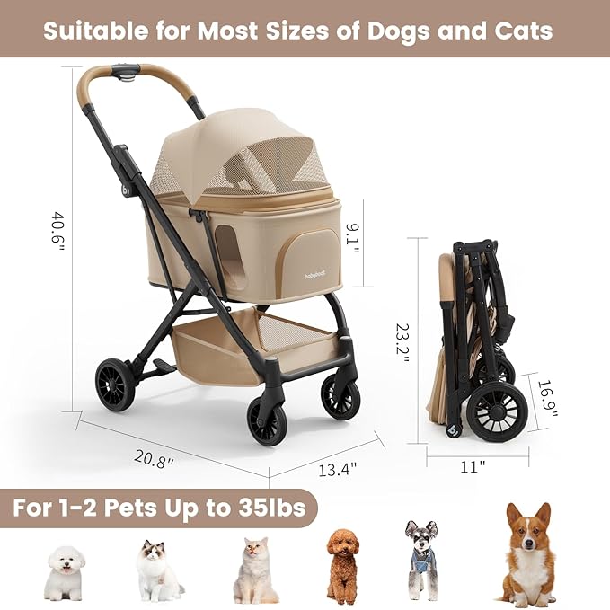 Lightweight Dog Stroller Portable Compact Folded Pet Stroller for Small/Medium Dogs &amp; Cats Up to 35lbs One Click Folding Large Cat Carriage with Adjustable Canopy Storage Basket- Khaki