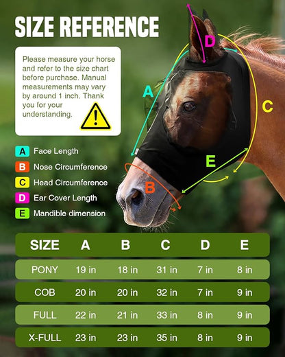 JWODVNTH Fly Masks for Horses with Ears - Large Eye Space, Comfort, UV-Block - Horse Fly Mask for Daily Stable, Hot Weather Riding, and Competition - Pony, Black