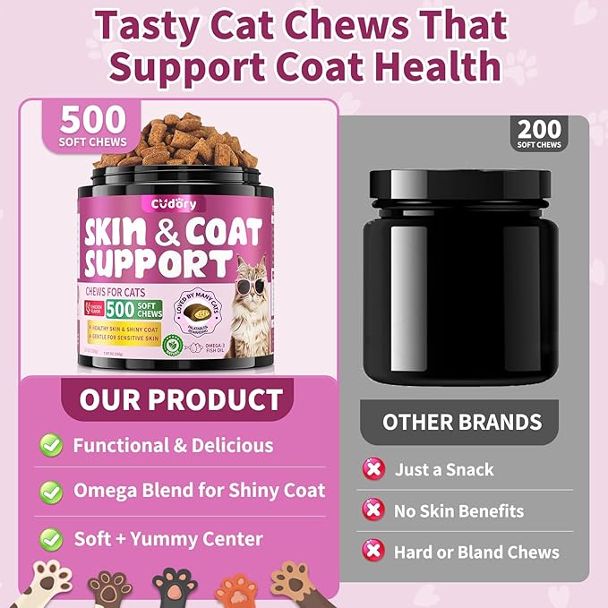Natural Skin and Coat Support for Cats - Crunchy &amp; Creamy Chews with Omega 3, Biotin &amp; Vitamin E for Healthy Skin, Shiny Fur, Cat Supplements &amp; Vitamins -Chicken（500 Chews
