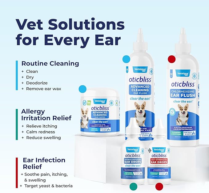 Vetnique Oticbliss Cat &amp; Dog Ear Infection Treatment Drops - with 1% Hydrocortisone &amp; MicroSilver BG for Dog Ear Infections - Vet Recommended Cat &amp; Dog Ear Cleaner for Itchy Ear Relief