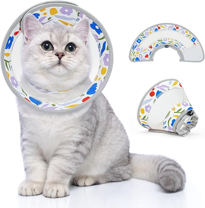 Breathable Air Mesh Cat Cone Collar Soft to Stop Licking, Adjustable, Foldable Lightweight Kitten Cones After Surgery Recovery for Cats &amp; Kittens (Flower,L)