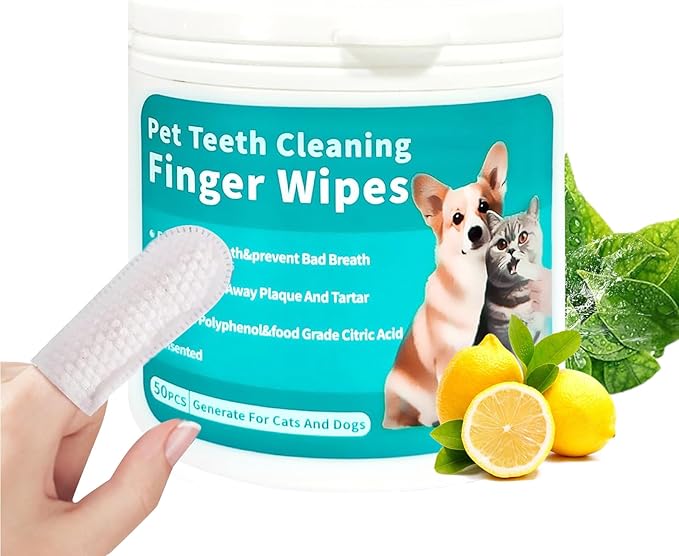 Pet Dental Finger Wipes for Cats &amp; Dogs - 50 Count | Plaque Remover, Tartar Control &amp; Breath Freshener | Soft Gauze Teeth Cleaning Pads for Pets