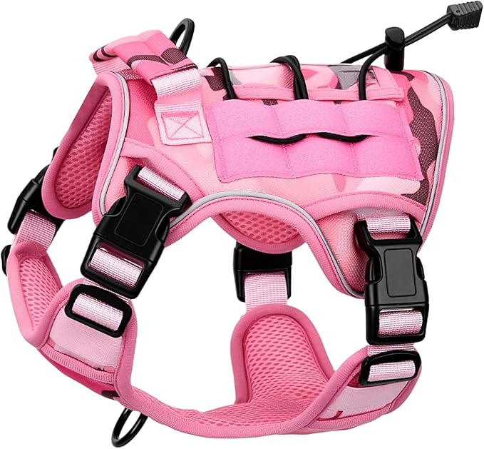 Heavy-Duty Tactical Dog Harness for Large Dogs, No Pull Adjustable Reflective Pet Vest with Molle System, K9 Military-Grade Control for Service Training, Outdoor &amp; 10+ Breeds, Pink Camo, Small