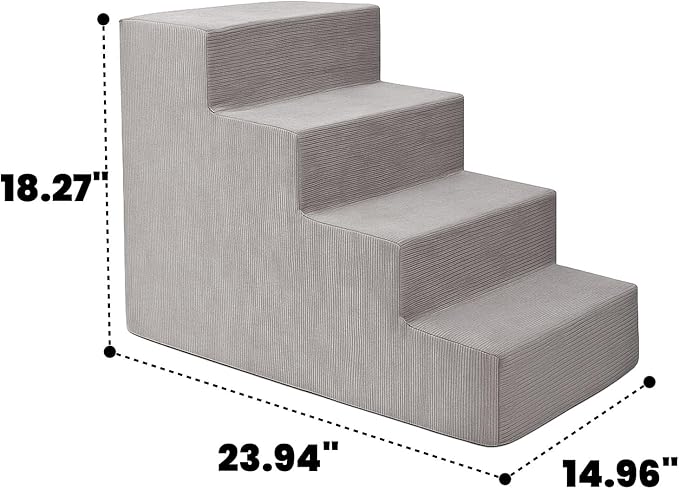 MEWANG Dog Stairs for Small &amp; Medium Dogs and Old Cats –3/4/ 5 Steps High-Density Foam Pet Ramp for Bed &amp; Couch, Non-Slip, Washable Cover, Grey (Square Corner, 4 Steps: 23.94&