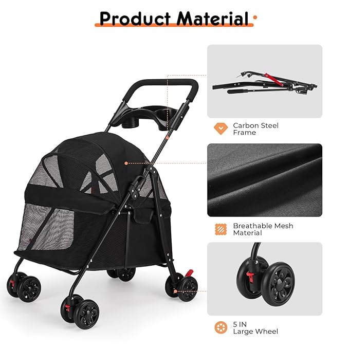 Foldable Pet Stroller for Small/Medium Pets up to 22 lbs - Lightweight 4-Wheel Design with Sun Canopy, Storage Bag &amp; Breathable Mesh