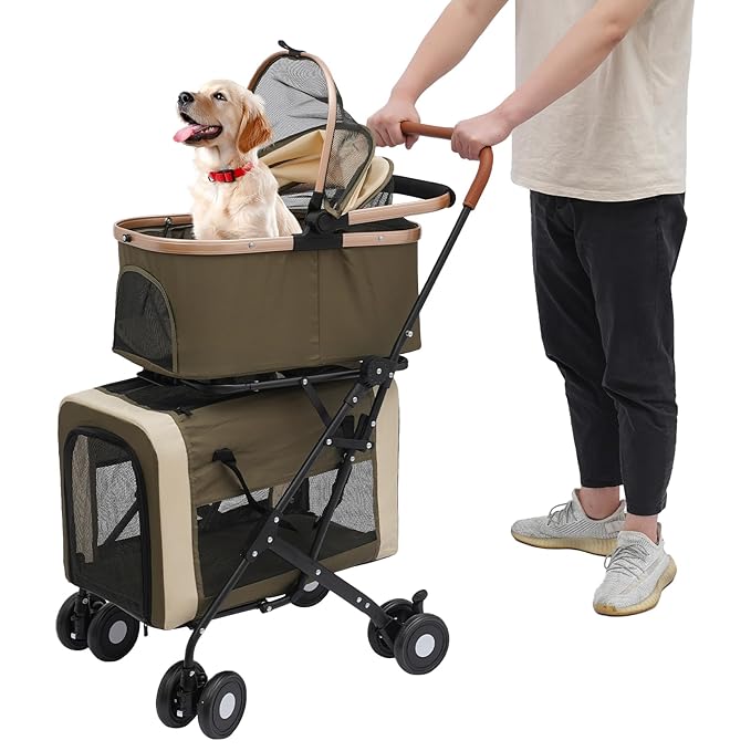 Double Pet Stroller with Detachable Carriers, Large Cat &amp; Dog Stroller with 4 Wheels, Foldable Pet Strollers Small &amp; Medium Dogs Cats 77lbs (Dark Green)