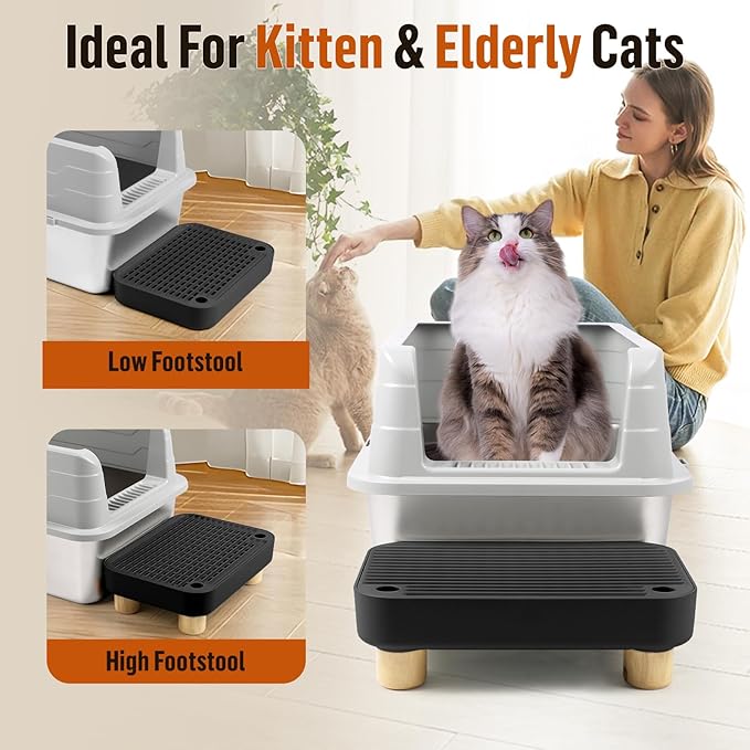 Cat Litter Box Step Ramp, Cat Litter Catcher Mat with Wooden Feet, Filter Function, Cat Pedal Stool for Self-Cleaning Cat Litter Box, Ideal for Kitten &amp; Elderly Cats (Black)