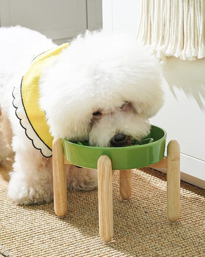 LE TAUCI Ceramic Slow Feeder Dog Bowls Elevated, 3 Cup Raised Bowl with Wooden Stand for Medium Large Breed, Slow Down Eating, Puzzle Dog Food Bowl, Clover Green