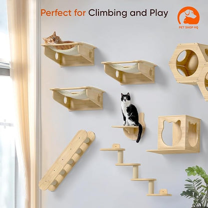 Cat Wall Furniture Set - Bamboo Shelves, Ladders, Cat House, Hammock &amp; More - Space-Saving, Easy Installation, Up to 60lbs