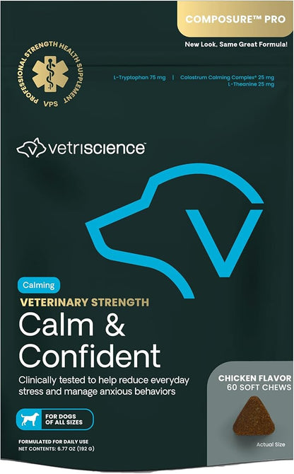 VETRISCIENCE Veterinary Strength Calm &amp; Confident Chews - Stress Supplement for Pets - Supports Brain Function for Cats &amp; Dogs - with L-Theanine, Thiamine &amp; More - 60 Count