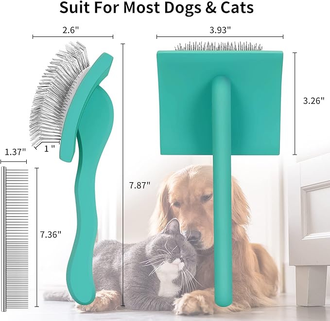 Slicker Brush for Dogs, Long Pin Dog Grooming Brush for Goldendoodles, Poodles, Doodles &amp; More, Includes Bonus Pet Comb, Perfect for De-Shedding, Dematting &amp; Reducing Tangles. Large, Green