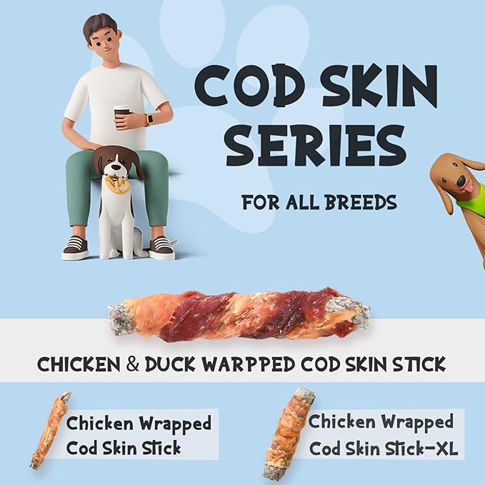 ASMPET Dog Treats Chews, Chicken &amp; Duck Wrapped Cod Skin Sticks, Rawhide Free Cod Skin Treats for Dogs 10.6 oz