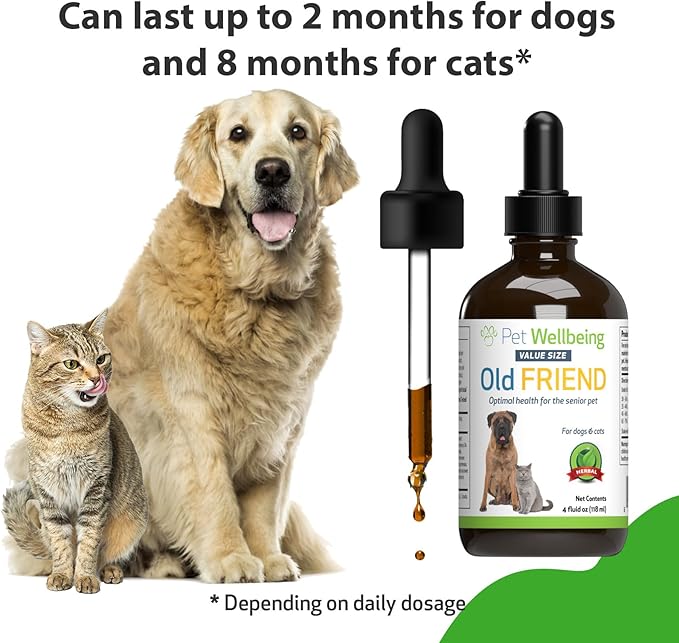 Pet Wellbeing Old Friend for Senior Dogs &amp; Cats- Supports Immune System Health, Joint Mobility, Healthy Energy Levels, Alfalfa, Reishi - Veterinarian-Formulated Herbal Supplement 4 oz (118 ml)
