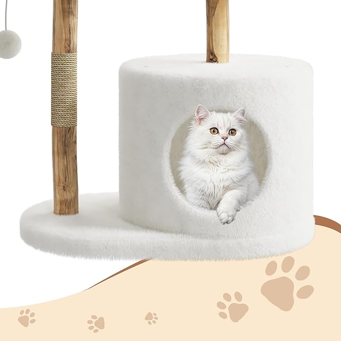 Modern Wood Cat Tree Tower for Large Cats | Luxury Solid Pear Wood Condo with Platforms, Scratching Posts &amp; All-Season Mats, 43" Aesthetic Cat Furniture, 2 Branch