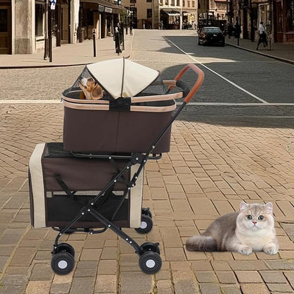 Double Pet Stroller with Detachable Carriers, Large Cat &amp; Dog Stroller with 4 Wheels, Foldable Pet Strollers Small &amp; Medium Dogs Cats 77lbs (Coffee Color)