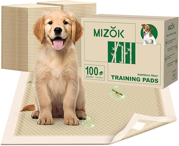 MIZOK Puppy Pads Small 22x22 Pee Pads for Dogs Bamboo Odor Eliminating &amp; 6-Layer Absorbent Leak-Proof Dog Pee Pads Potty Training with Adhesive Tabs, Disposable (100 Counts)