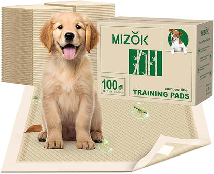 MIZOK Puppy Pads Small 22x22 Pee Pads for Dogs Bamboo Odor Eliminating &amp; 6-Layer Absorbent Leak-Proof Dog Pee Pads Potty Training with Adhesive Tabs, Disposable (100 Counts)