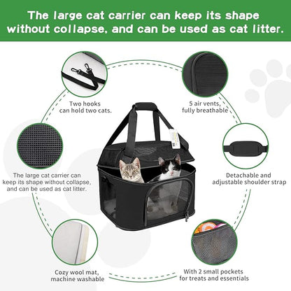Large Cat Carrier for 2 Cats, Soft Side Carrier for Kitten Puppy, Collapsible Travel Dog Carrier TSA Airline Approved Cat Carrier Backpack for 20 lbs Pets,Black
