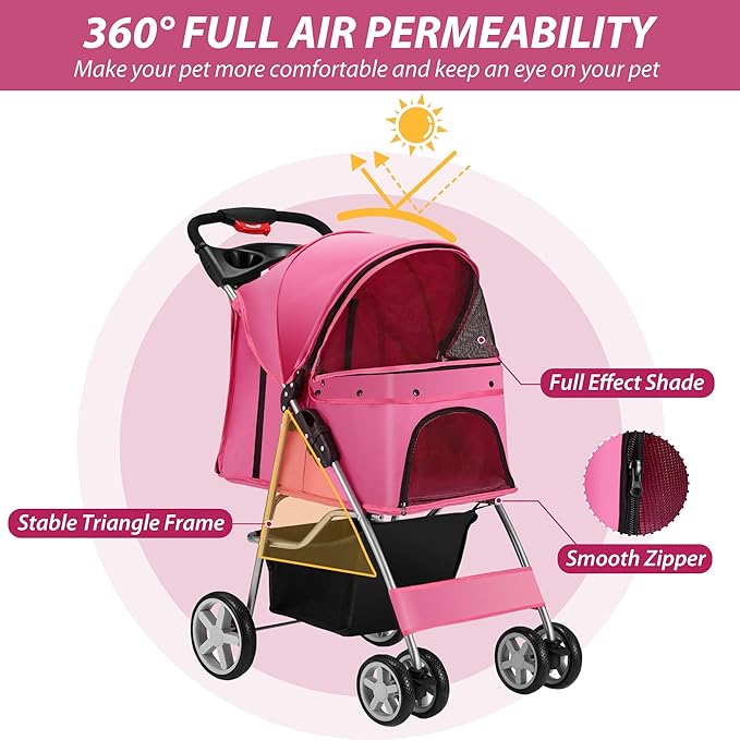 4 Wheels Pet Stroller for Small Medium Dogs Cats 10-33 lbs, Foldable Dog and Cat Stroller with Cup Holder &amp; Storage Basket &amp; Breathable Mesh, Pet Strolling Cart for All-Season, Pink