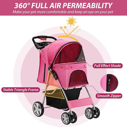 4 Wheels Pet Stroller for Small Medium Dogs Cats 10-33 lbs, Foldable Dog and Cat Stroller with Cup Holder &amp; Storage Basket &amp; Breathable Mesh, Pet Strolling Cart for All-Season, Pink