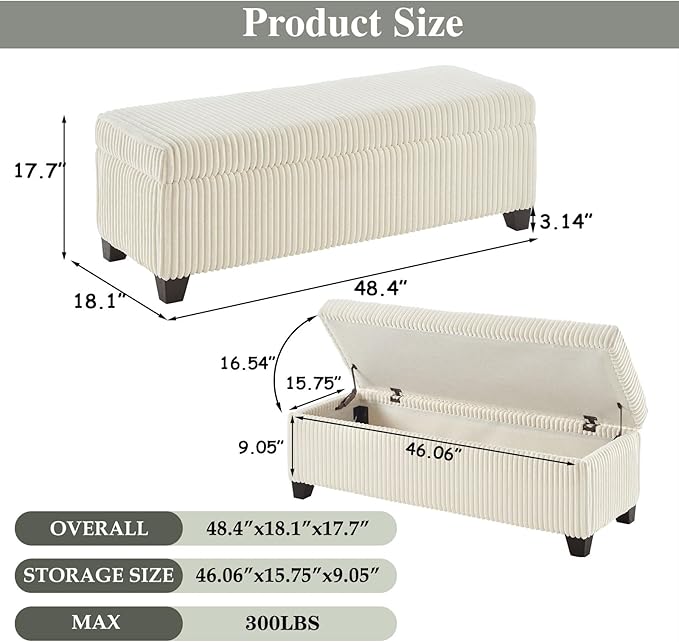 48" Ottoman with Storage, Corduroy Storage Ottoman Bench for Bedroom, End of Bed Bench with Safety Hinge for Living Room, Bedroom, Entryway, White