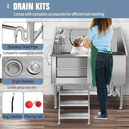50" Dog Washing Station, Professional Stainless Steel Dog Bathing Station, Equipped/W Three Anti-Slip Steps, Removable Door, Upgraded Spray Nozzle&amp;Hose - for Home, Pet Grooming Salon (50" Left ramp)