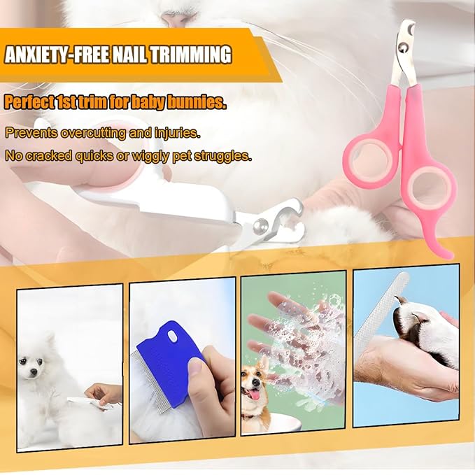Rabbit Grooming Kit – Bunny Grooming Kit with Shedding Brush, Nail Clippers &amp; Comb – Small Animal Grooming Supplies for Rabbits, Guinea Pigs, Hamsters, Ferrets - Small Pet Shedding &amp; Care (Pink)