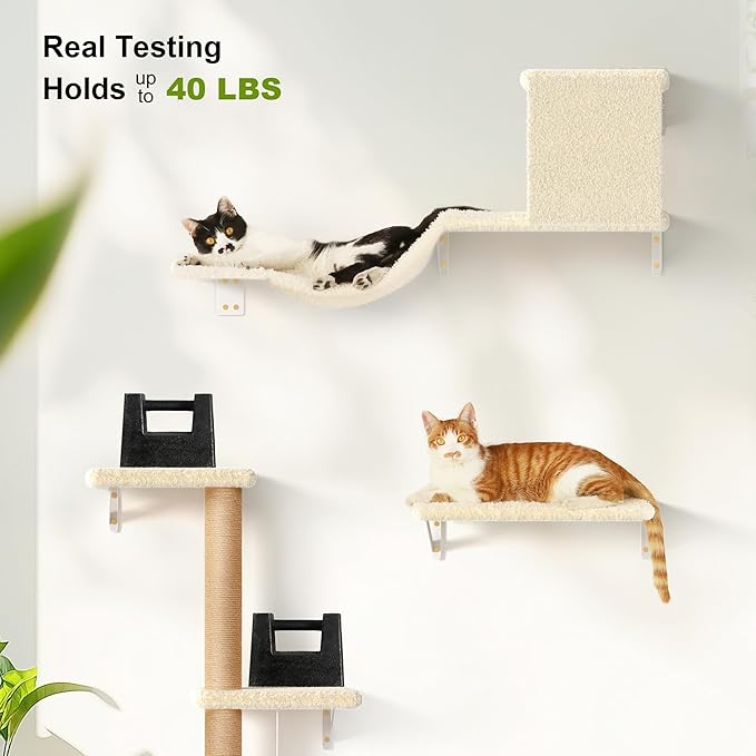 FUKUMARU Cat Wall Shelves, Stable &amp; Safe 4 in 1 Large Cat Walls Furniture Set, Wooden Kitten Climbing Wall with Scratching Post for 16 Inch Drywall - Beige