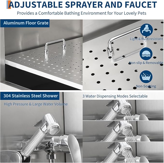 Stainless Steel Dog Washing Station - Dog Bath Tub for Large, Medium, Small Dogs, Pet Grooming Tub with Ramp, Non-Slip Grate, Shower, Soap Box, Faucet, Drain for Home &amp; Outdoor （Left RAMP, 50"）