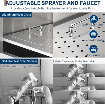Stainless Steel Dog Washing Station - Dog Bath Tub for Large, Medium, Small Dogs, Pet Grooming Tub with Ramp, Non-Slip Grate, Shower, Soap Box, Faucet, Drain for Home &amp; Outdoor （Left RAMP, 50"）