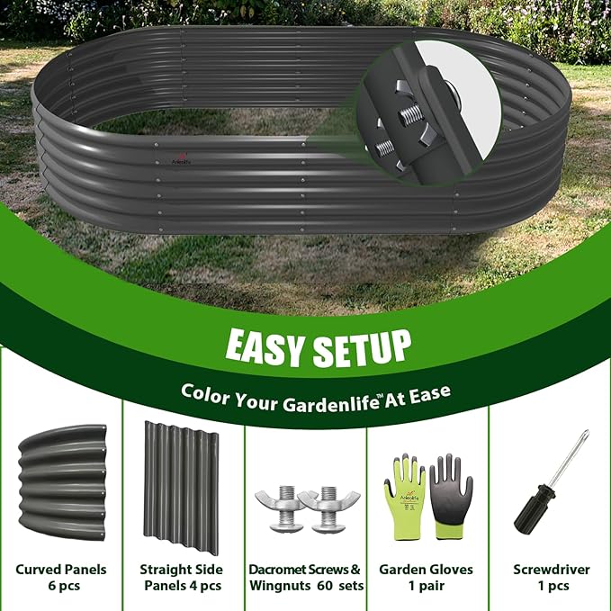 A ANLEOLIFE 8X4X1.5 ft Galvanized Raised Garden Beds Outdoor, Oval Large Metal Planter Box for Planting Vegetables Flowers Herb, Anti-Rust &amp; Easy-Setup, Quartz Grey