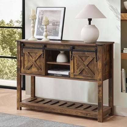 Entryway Table with Storage, Farmhouse Buffet Cabinet Coffee Bar Kitchen Island with Sliding Barn Doors &amp; Shelves, Console Table for Kitchen, Dining Room, Living Room, Brown