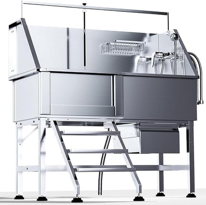 Professional 46" Dog Washing Station, Stainless Steel Dog Bathing Station, Height Adjustable Dog Wash Station, Storage Drawer, Upgrade Parts, Home, Commercial (Left Step)