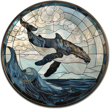 Lygond Metal Sign Tin Sign Circular Stained Glass Whale Sign for Garden for Restaurant 12×12 Inches