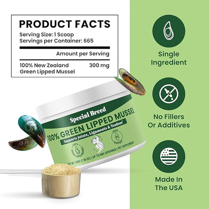 Special Breed Green Lipped Mussel Powder for Dogs &amp; Cats - 100% New Zealand Green Lipped Mussels - Natural Hip &amp; Joint Supplement for Joints, Tendons, Ligaments, Muscles - 200 Grams - 665 Servings