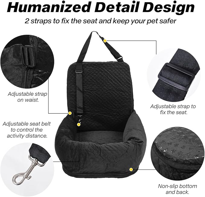 Dog Car Seat for Small Medium Dogs Up to 40lbs, Detachable Washable Soft Pet Booster Travel Bed for Front &amp; Black Seat with Safety Leash Belt